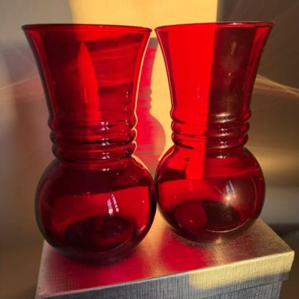 Vintage Ruby Red Glass Bud Vases (Pair) – 6.5" Mid-Century Decor